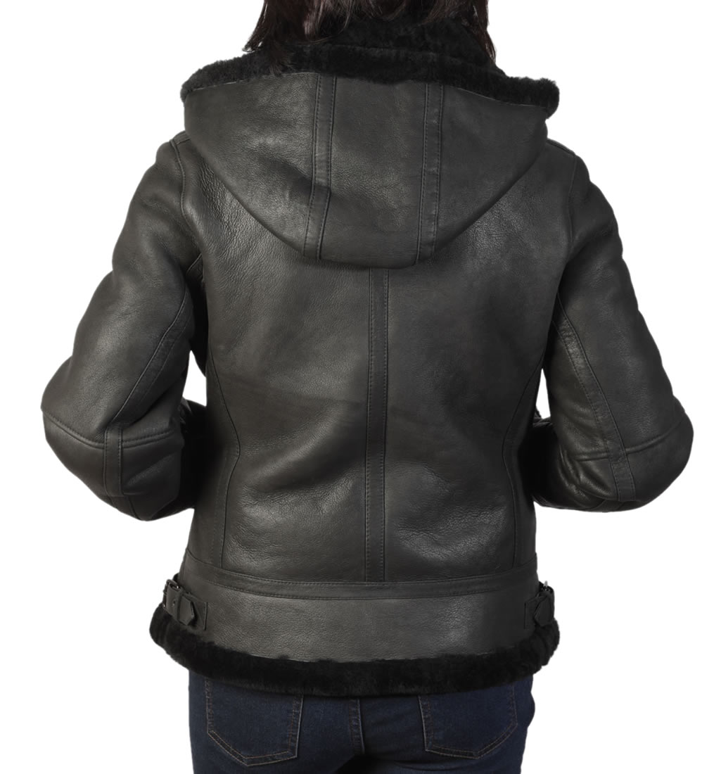 Ladies Hooded Shaped Black Sheepskin Flying Jacket from Simons Leather