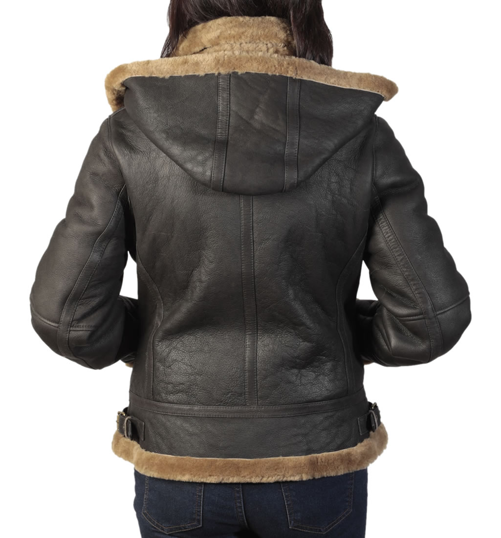 Ladies Hooded Shaped Caramel Sheepskin Flying Jacket from Simons Leather