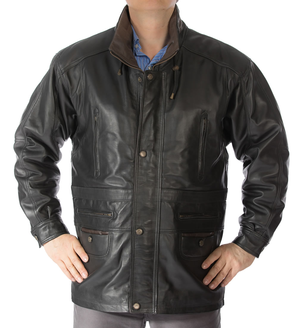 Gents 3/4 Length Black Leather "Parka" Leather Coat from Simons Leather