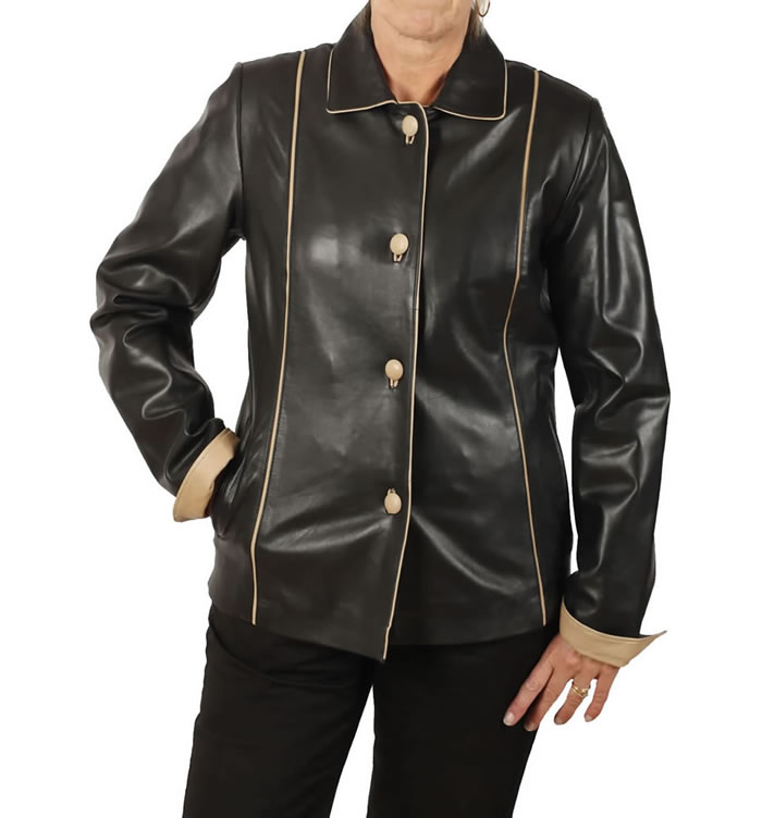 Semi Fitted Black Leather Jacket With Contrast Detail - SL11522