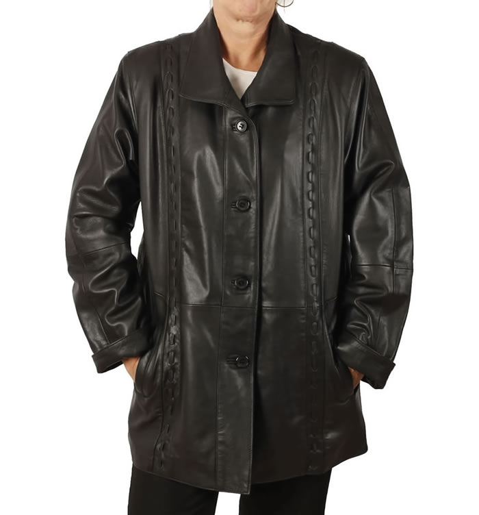 Ladies 3/4 Black Leather Jacket With Inlaid Detail - SL13412