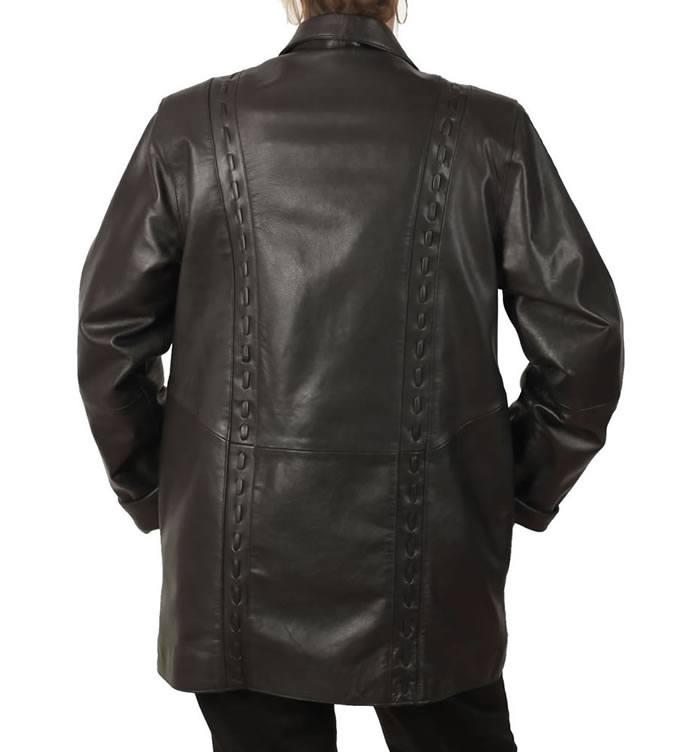 SL13412 - Ladies 3/4 Black Leather Jacket With Inlaid Detail