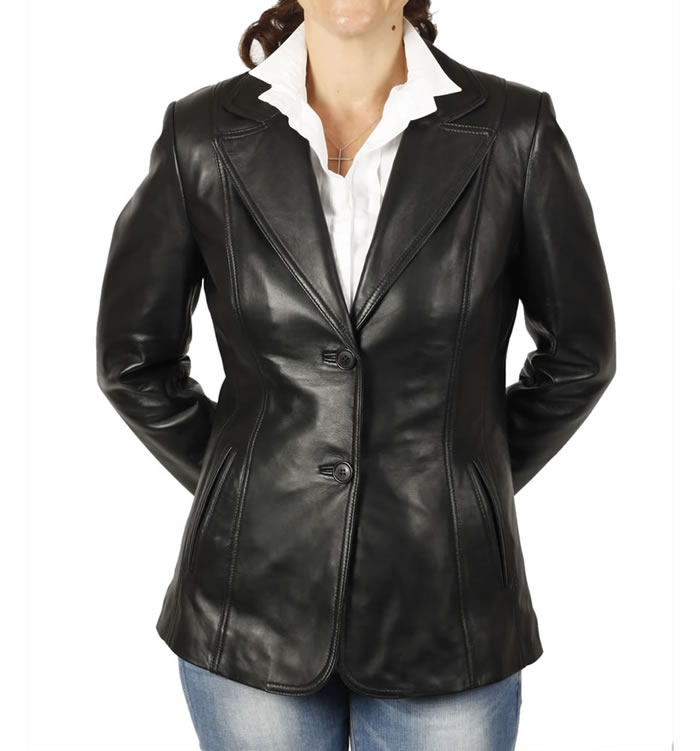 Hip Length And Shaped Ladies Black Leather Blazer - SL11454