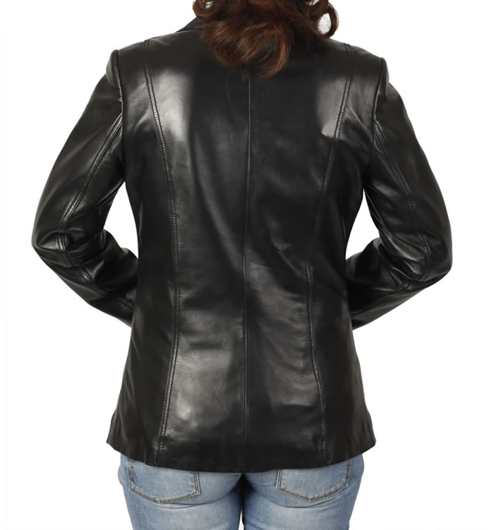 SL11454 - Hip Length And Shaped Ladies Black Leather Blazer