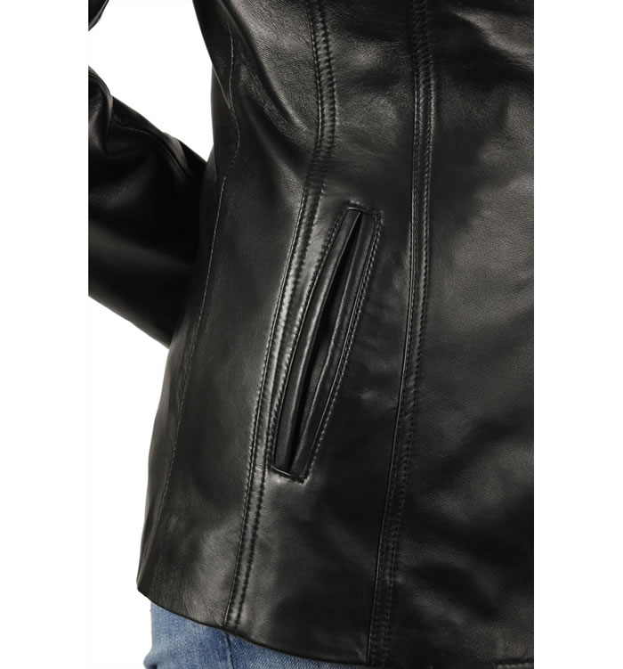 SL11454 - Hip Length And Shaped Ladies Black Leather Blazer