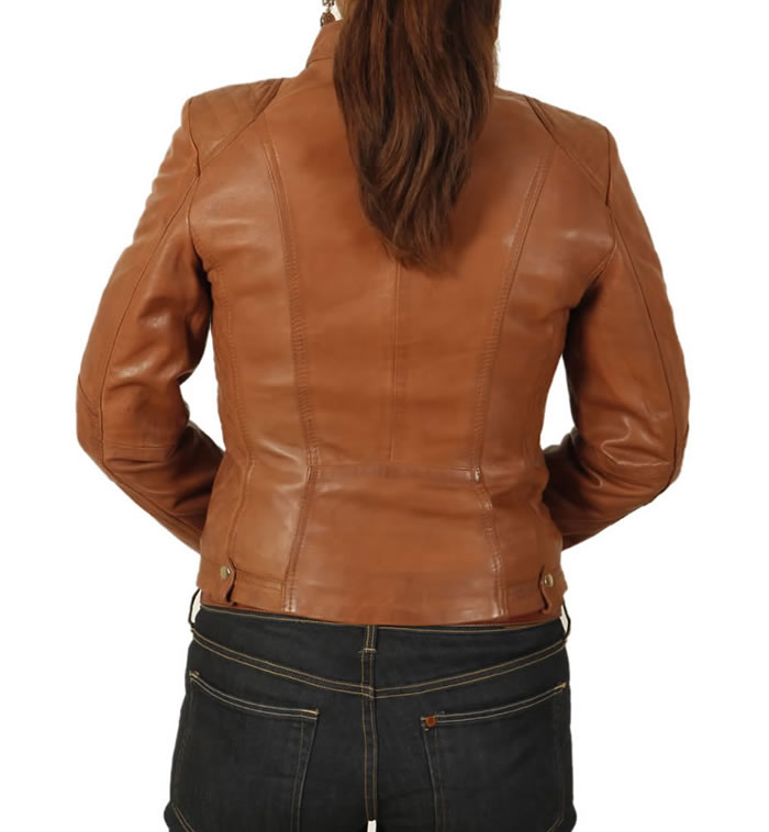 SL118011 - Ladies Tan Leather Biker Jacket With Quilting Detail