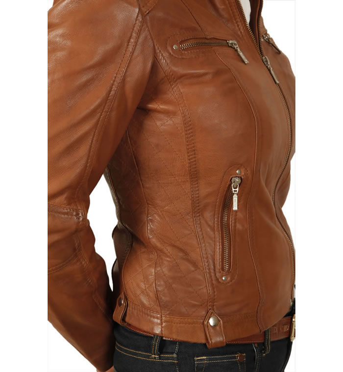 SL118011 - Ladies Tan Leather Biker Jacket With Quilting Detail