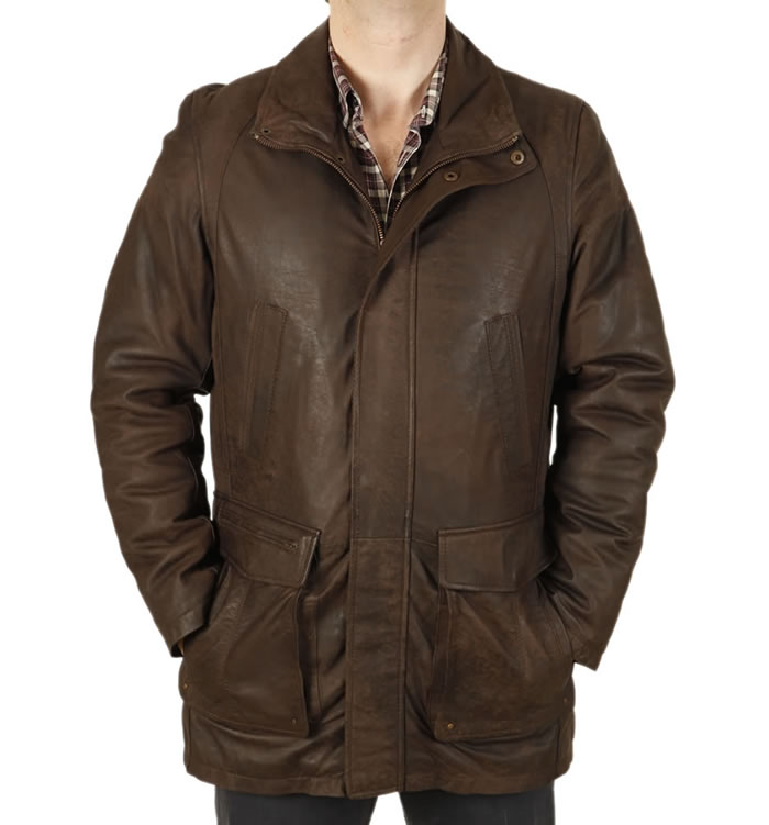Gents 3/4 Length Mud Brown"Buff" Leather Coat - SL11035