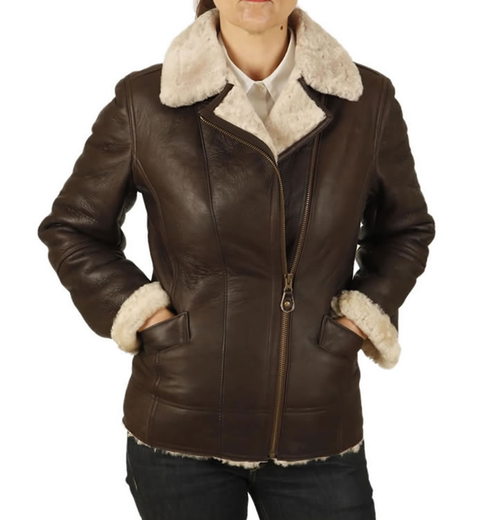 Ladies Cross-Over Longer Length Sheepskin Aviator Jacket - SL11594
