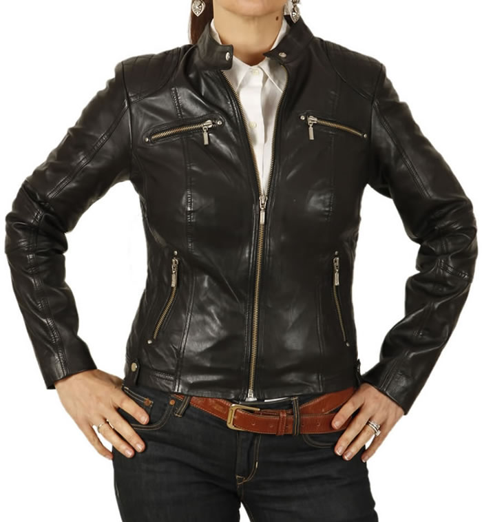 Ladies Black Leather Biker Jacket With Quilting Detail - SL118012