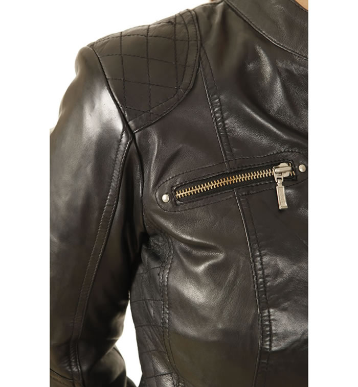 SL118012 - Ladies Black Leather Biker Jacket With Quilting Detail