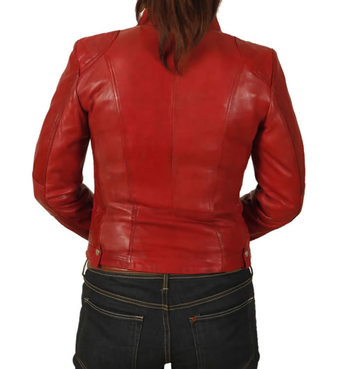 SL118013 - Ladies Red Leather Biker Jacket With Quilting Detail
