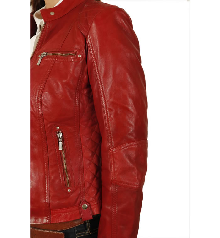 SL118013 - Ladies Red Leather Biker Jacket With Quilting Detail
