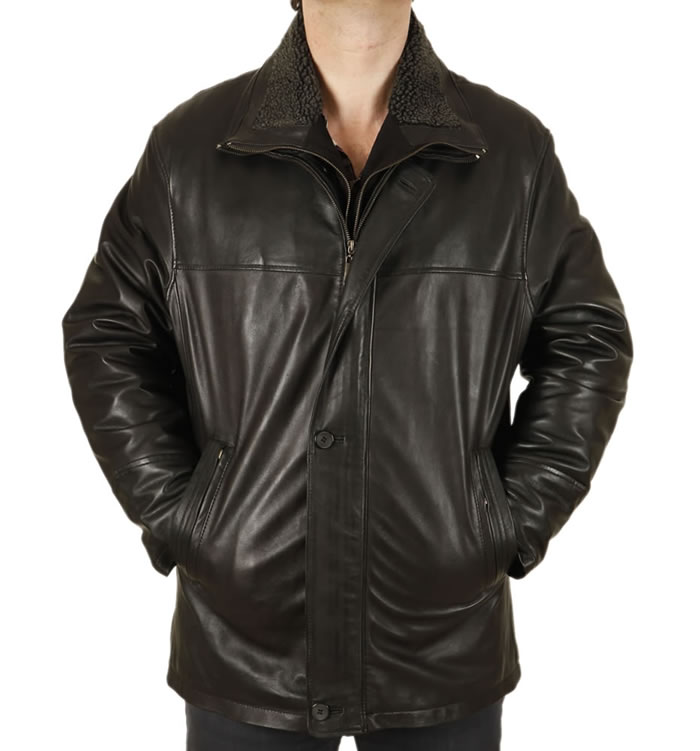 Mens Black Nappa 3/4 Leather Coat With Zip Out Collar - SL12561