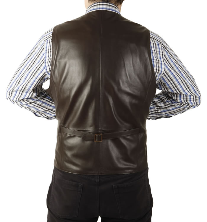 SL11496 - Classic Longer Length Brown Leather Waistcoat