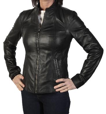 Ladies Shaped Hip Length Black Leather Zip Jacket - SL11006