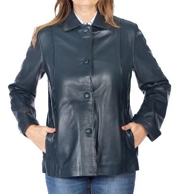 Semi Fitted Navy Blue Leather Jacket - SL115241