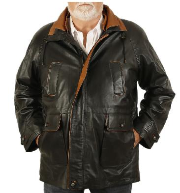 Easy-Fit 3/4 Length Black Leather Coat With Tan Trim - SL120946XL