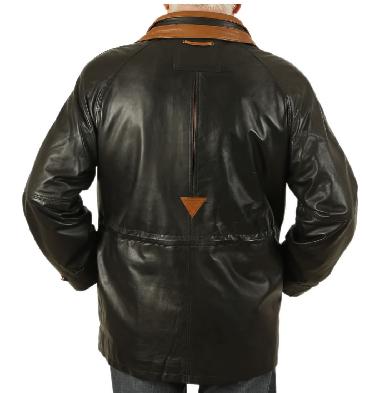 SL120946XL - Easy-Fit 3/4 Length Black Leather Coat With Tan Trim