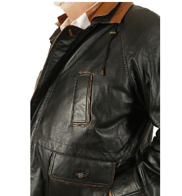 SL120946XL - Easy-Fit 3/4 Length Black Leather Coat With Tan Trim