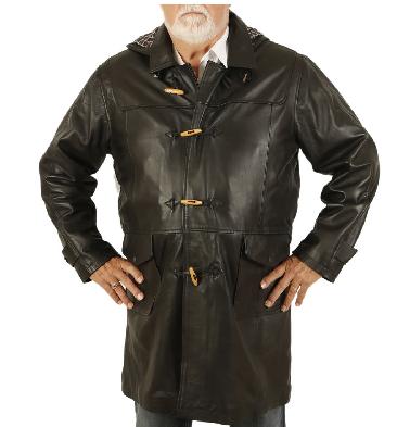 Size 4XL 3/4 Length Black Leather Duffle Coat - SL1209514XL