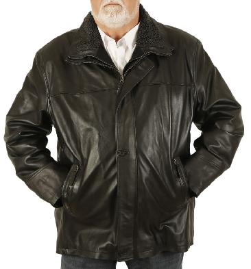 Size 5XL Mens Black Nappa 3/4 Leather Coat With Zip Out Collar - SL125615XL