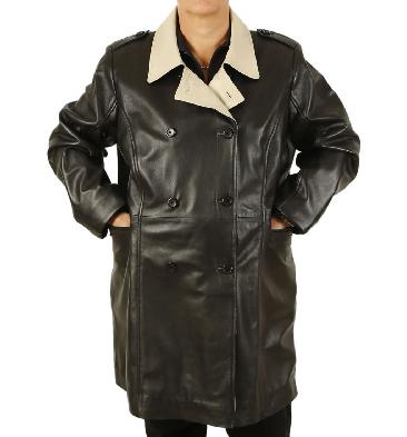 Ladies Broad Fitting Double-Breasted 3/4 Length Two Colour Leather Coat - SL1148