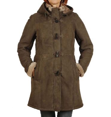 Ladies Suede Finish Taupe Sheepskin Duffle Coat - SL114451