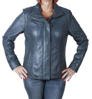 Ladies New Style Semi Fitted Navy Leather Zip Jacket - SL11021