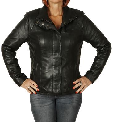 Ladies New Style Semi Fitted Black Leather Zip Jacket - SL11024