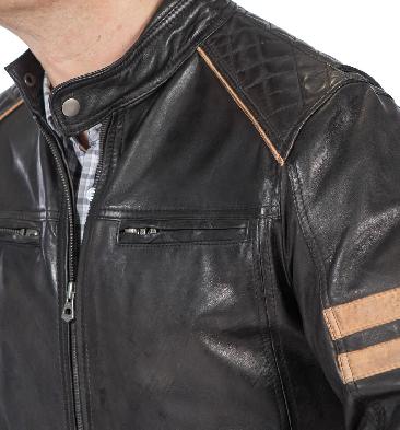SL101232 - Black Leather Biker Jacket With Striping