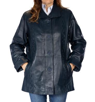 3/4 Navy Leather Jacket With Inlaid Detail - SL13415