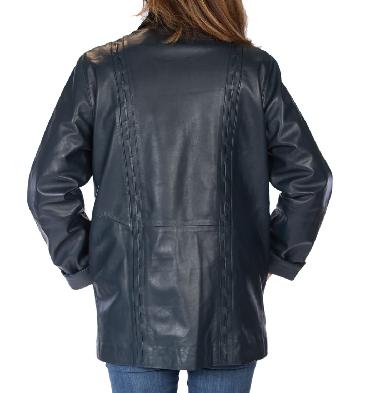 SL13415 - 3/4 Navy Leather Jacket With Inlaid Detail