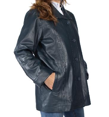 SL13415 - 3/4 Navy Leather Jacket With Inlaid Detail