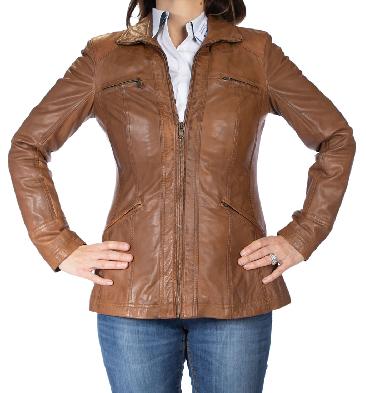 Ladies Long Line Zip-Up Tan Leather Jacket - SL110246