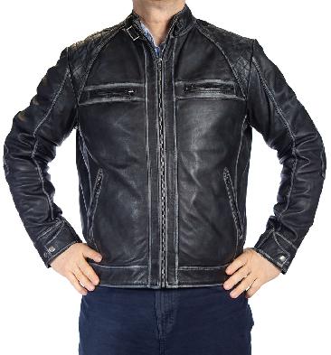 Mens Antiqued Black Leather Biker Jacket With Quilting Detail - SL101241