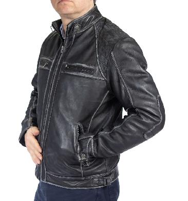 SL101241 - Mens Antiqued Black Leather Biker Jacket With Quilting Detail