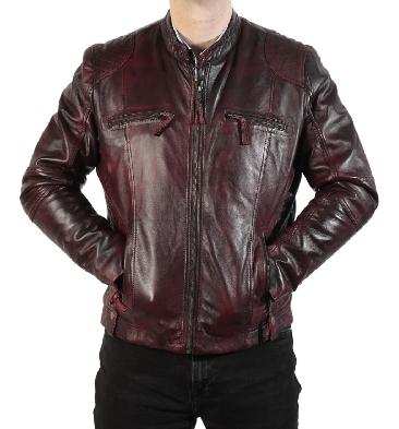 Antique Burgundy Leather Biker Jacket With Side Quilting Detail - SL101132