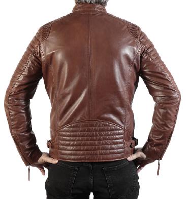 SL101256 - Cognac Leather Biker Jacket With Double Ribbing Detail