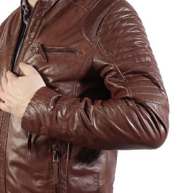 SL101256 - Cognac Leather Biker Jacket With Double Ribbing Detail