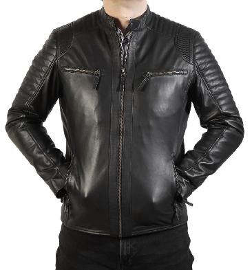 Black Leather Biker Jacket With Double Ribbing Detail - SL101257