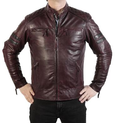 Antique Burgundy Leather Biker Jacket With Striping - SL101233