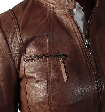 SL117571 - Ladies Tan Leather Hip Length Biker Jacket