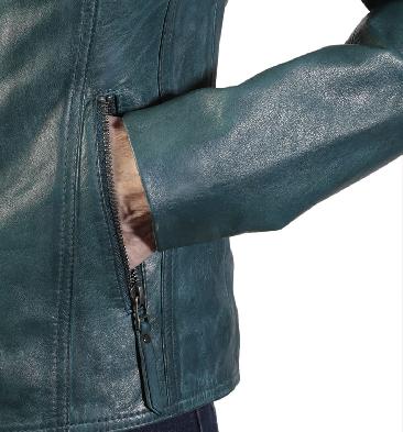 SL117573 - Ladies Petrol Leather Hip Length Biker Jacket