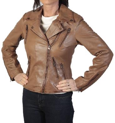 Ladies Cross-Over Tan Leather Biker Jacket - SL1180138