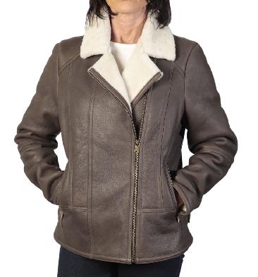 Ladies Cross-Zip Cocoa And Cream Sheepskin Jacket - SL115922