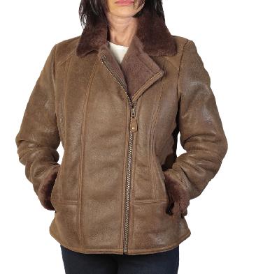 Ladies Cross-Zip Toned Brown Sheepskin Jacket - SL115923