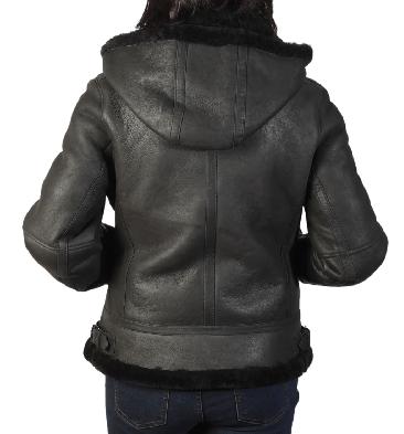 SL115931 - Ladies Hooded Shaped Black Sheepskin Flying Jacket