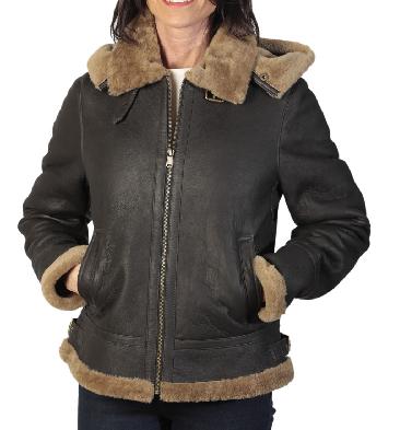 Ladies Hooded Shaped Caramel Sheepskin Flying Jacket - SL115932