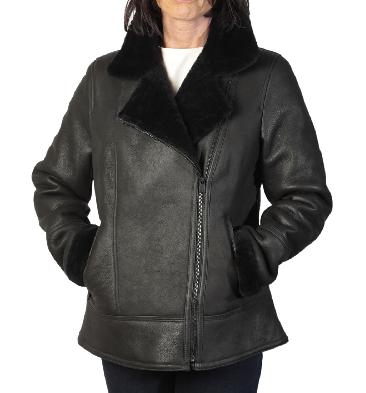Ladies New Style Cross-Zip Black Shearling Sheepskin Jacket - SL1159394